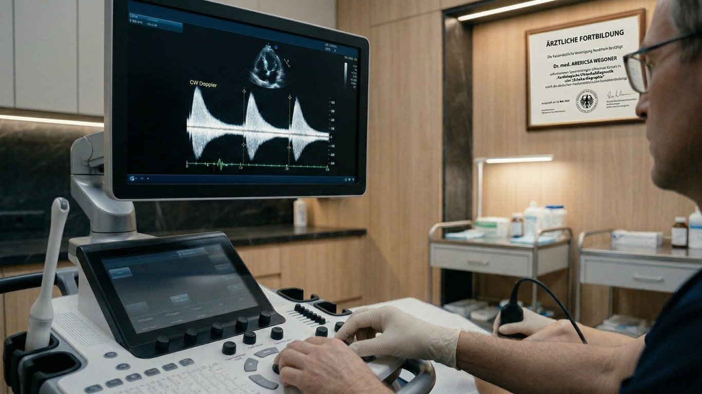 Echokardiographie — transthorakaler Herzultraschall mit Doppler-Spektralkurve